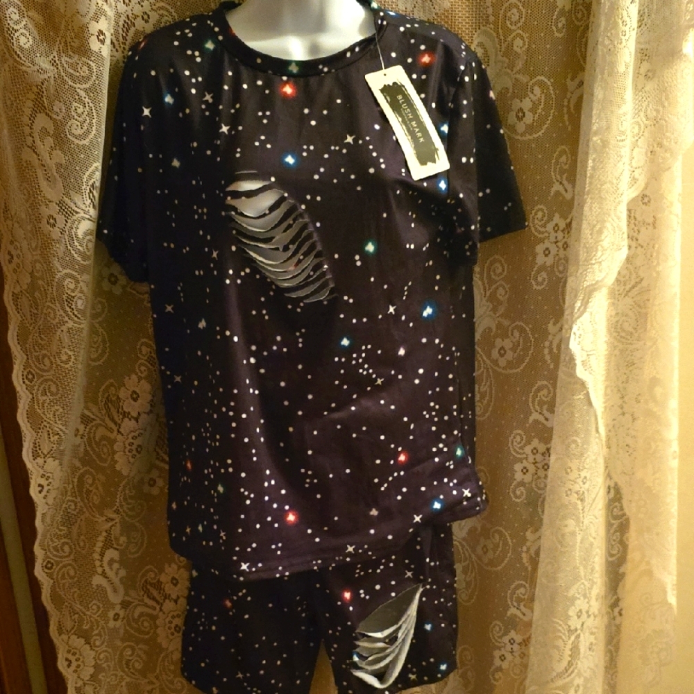 New Blush Mark Women's Size L Black White Galaxy Distressed Shortie Pajama Set
